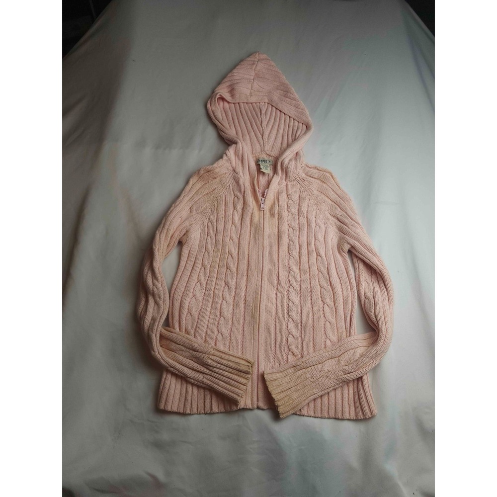 Aeropostale Full Zip Cardigan Sweater Womens Small Pink Cable Knit Hooded Y2K
